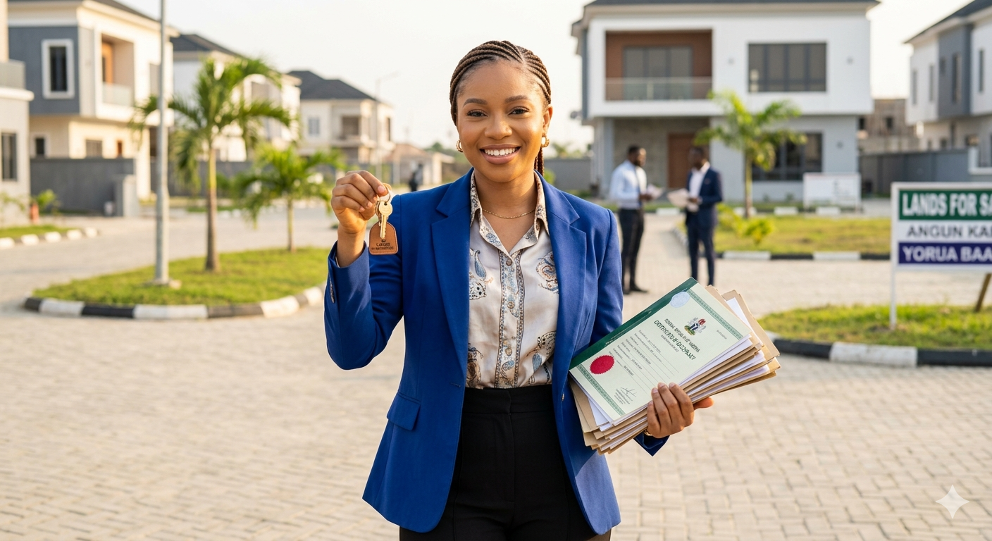 A confident young Nigerian professional smiling while holding land documents or keys